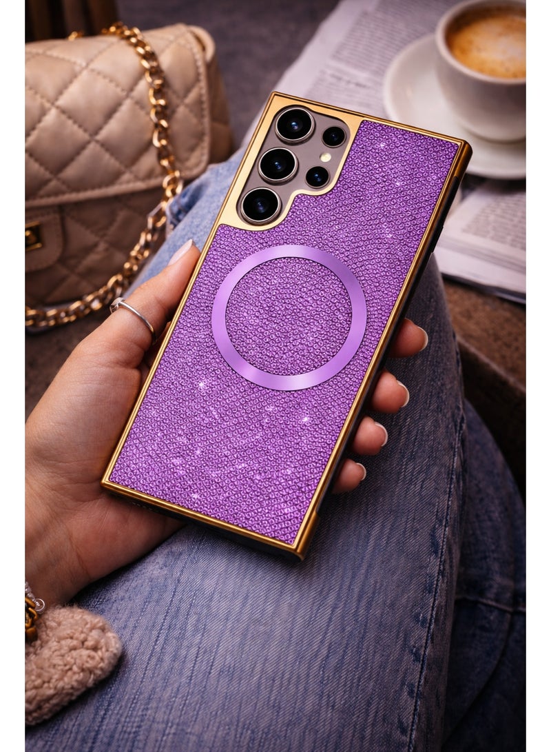 جراب شحن لاسلكي مغناطيسي لهاتف Galaxy S24 Ultra - ظهر مزخرف بلون الجمشت الملكي الأرجواني مع إطار ذهبي شامبانيا، غطاء نحيف مقاوم للصدمات - Image 3